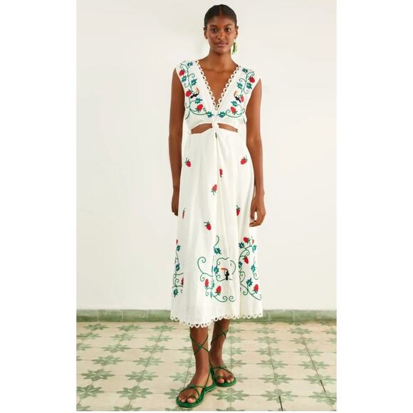 FARM Rio Dresses & Skirts - FARM Rio White Midi Dress with Red & Green Floral Embroidery